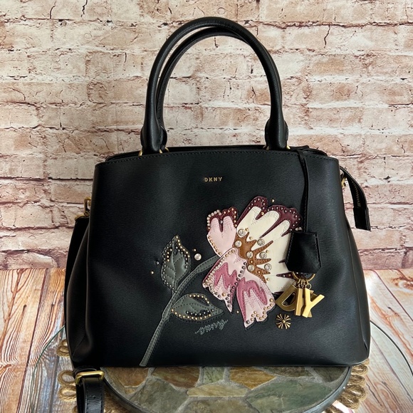 Dkny Handbags - DKNY Paige Floral Black Leather Satchel Shoulder Bag $298
